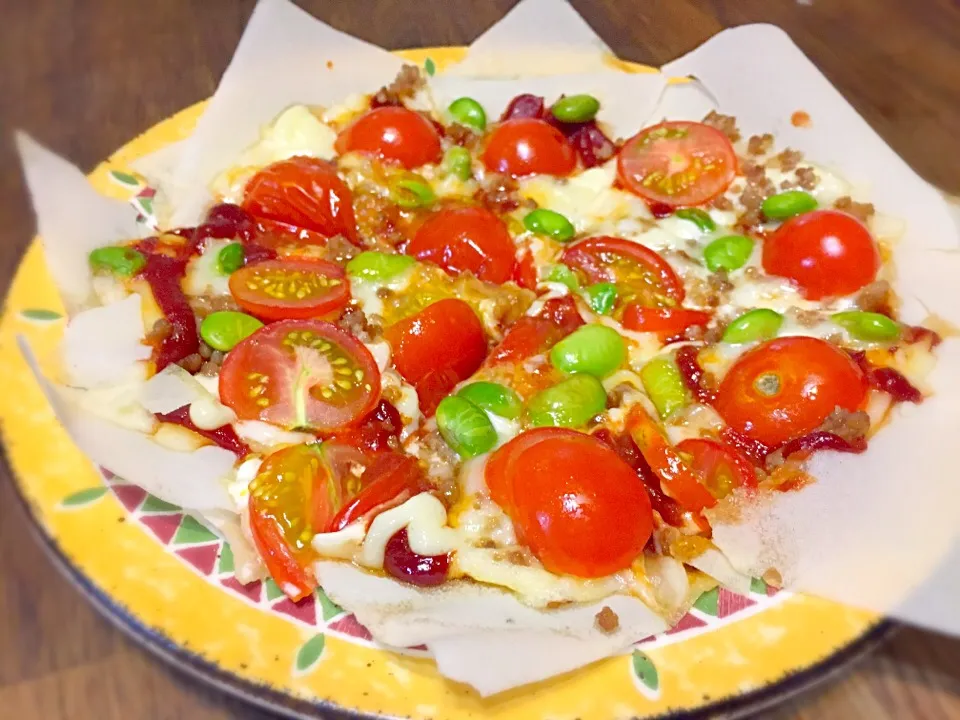 春巻きの皮を使った、自家菜園プチトマトのピザ❤️|パオパオあつこさん