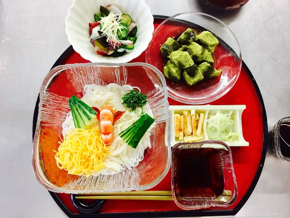 20170705冷やしそうめん、たことわかめの酢の物、抹茶わらび餅|くぽさん