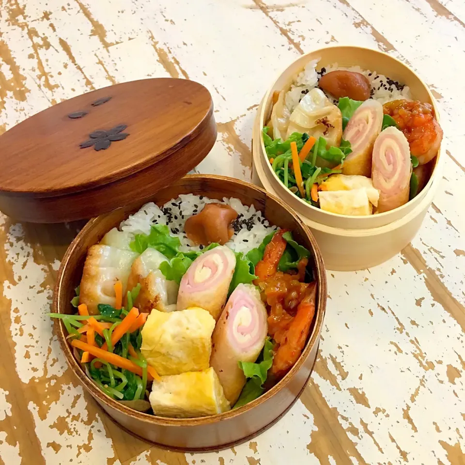 Snapdishの料理写真:#中華弁当
#鶏餃子
#春巻き#ハムチーズ
#海老チリ
#豆苗とにんじんのナムル
#おき弁#塾弁|3匹のこぶたママさん