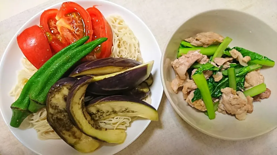 Snapdishの料理写真:ぶっかけ素麺&小松菜と豚肉炒め #なす #おくら #トマト|やのさん