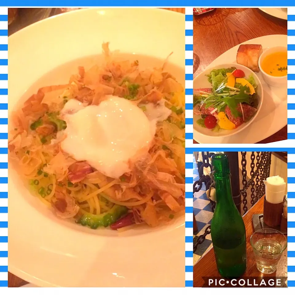 #白モツ と#ゴーヤ の#和風オイルパスタ 🍝
#サラダ #カボチャスープ #炭酸水|Ｍako☺︎さん