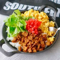 Snapdishの料理写真:厚揚げそぼろを使った4色丼|ひこまるさん