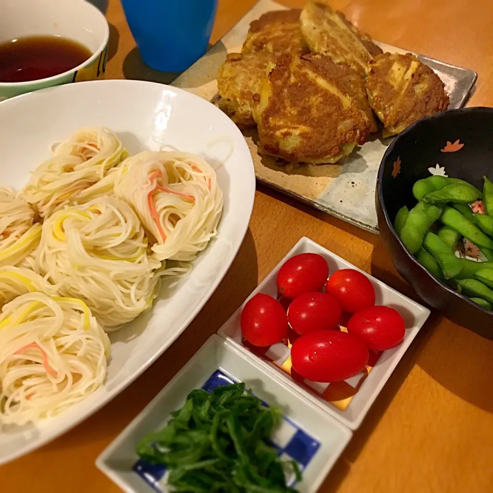 そうめん、じゃがいもとひき肉のカリカリ焼き、枝豆|あおさん