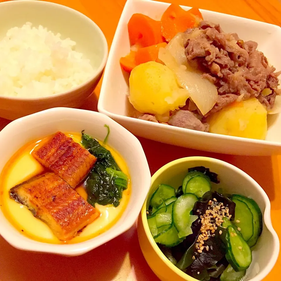 鰻の茶碗蒸し、きゅうりとワカメの酢の物、肉じゃが|harukaさん