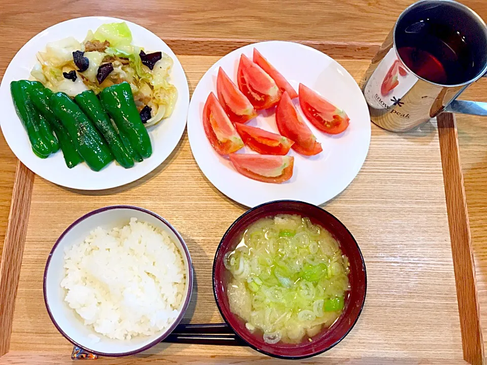 今日の朝飯！

#豚肉とキャベツの香味醤炒め #焼きピーマン #トマト|茂木 和哉さん