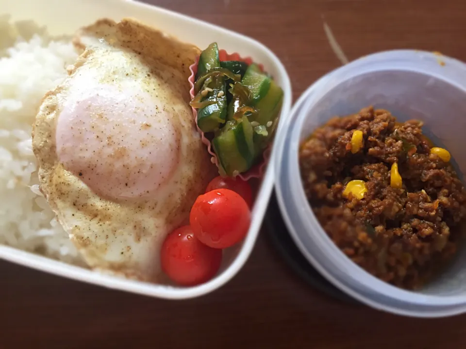 土曜日出勤弁当🍱
キーマカレー弁当
昨夜の残り物だけどね(^-^;💦（笑）|まるちゃんさん