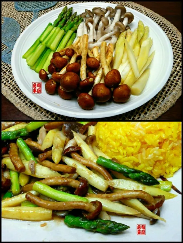 sauté asparagus and mushrooms with saffron rice|steven z.y.さん