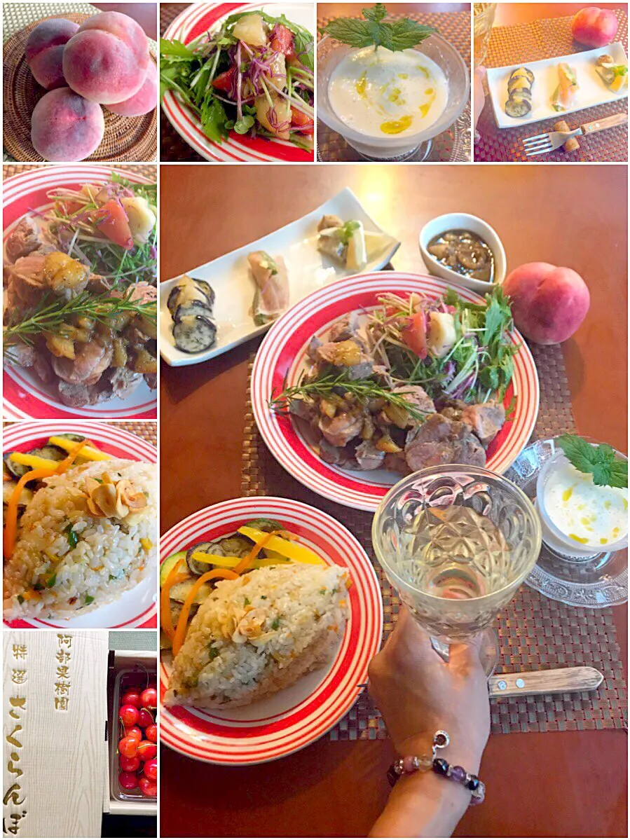 Today's Peach Dinner🍑桃を使った前菜･ゆかりさんの白桃の冷たいｽｰﾌﾟ･ﾌｨﾚ肉のﾋﾟｰﾁｿｰｽ 桃と野菜のﾏﾘﾈｻﾗﾀﾞ･ｶﾞｰﾘｯｸﾋﾟﾗﾌ|🌈Ami🍻さん