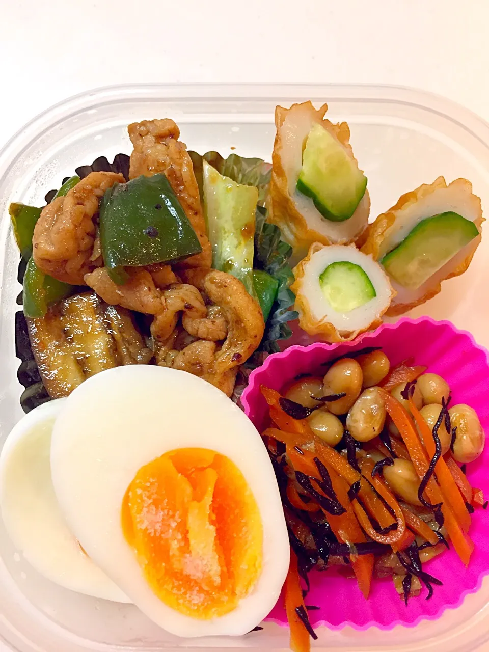 Snapdishの料理写真:♡今日のお弁当♡
#回鍋肉#ちくわきゅうり#ゆで卵#ひじきの煮物|りんりんさん