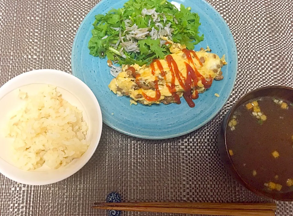 #納豆オムレツ #春菊サラダ #蟹ご飯|hhhさん