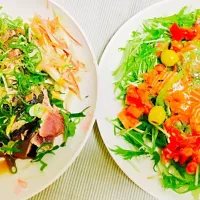 Snapdishの料理写真:♡2種類のカルパッチョ・カツオのタタキとサーモン(๑˃̵ᴗ˂̵)♡|みずほさん