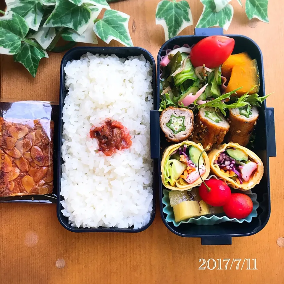 今日の娘弁当2017.7.11...♪*ﾟ       オクラの豚肉巻き～🌀💕|ばろんさん