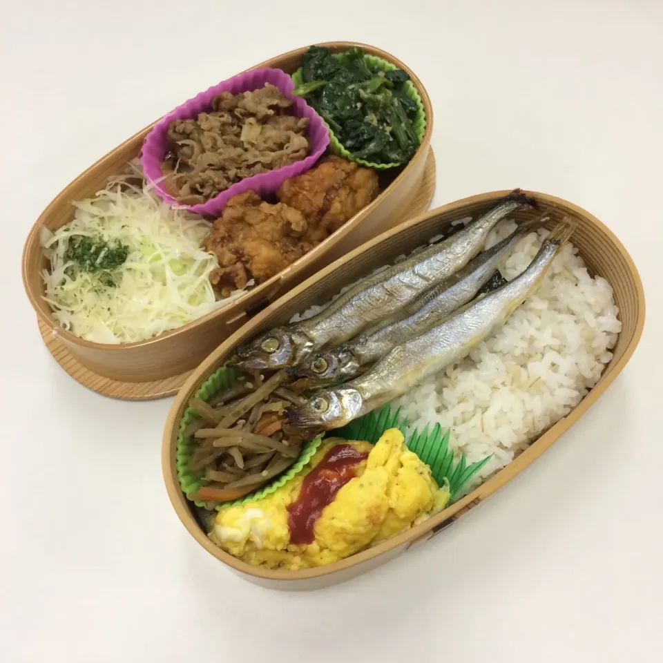 Snapdishの料理写真:弁当（牛すき焼き風焼肉、唐揚げ、ほうれん草ゴマ味噌和え、キャベツ、ししゃも、オムレツ、きんぴら）|SasaMasa213さん