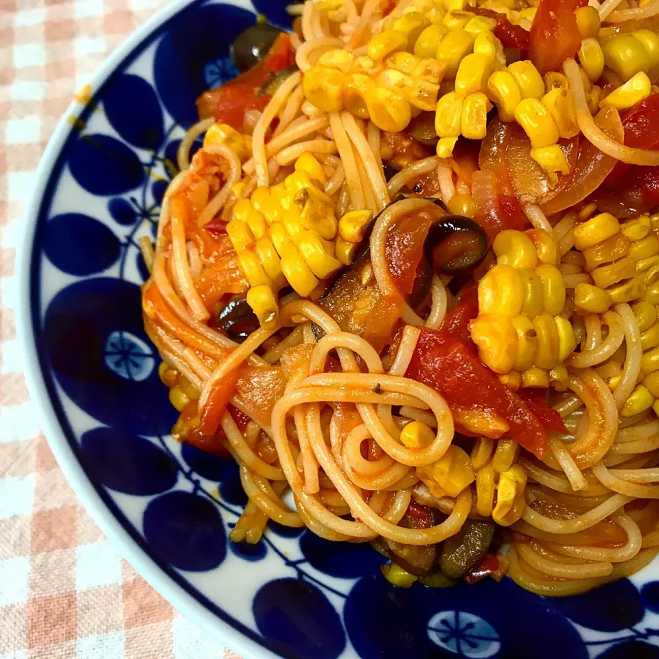 Snapdishの料理写真:宮崎産とうもろこし🌽ナストマトたっぷりパスタ#とうもろこし|Cuisineさん