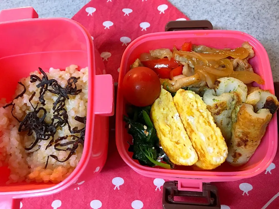 Snapdishの料理写真:☆7/13今日のお弁当☆〜生姜焼き、だし巻き卵、ちくわの磯辺焼き、ほうれん草おひたし、トマト〜|Satokoさん