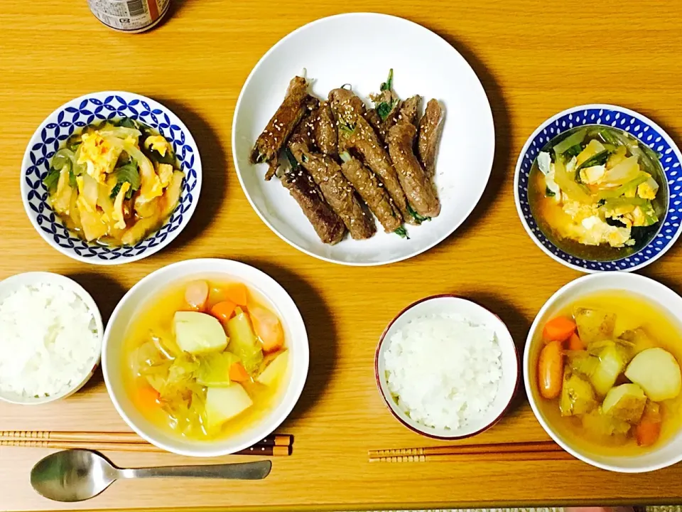 水菜の肉巻きの晩ごはん🍚|こえりさん