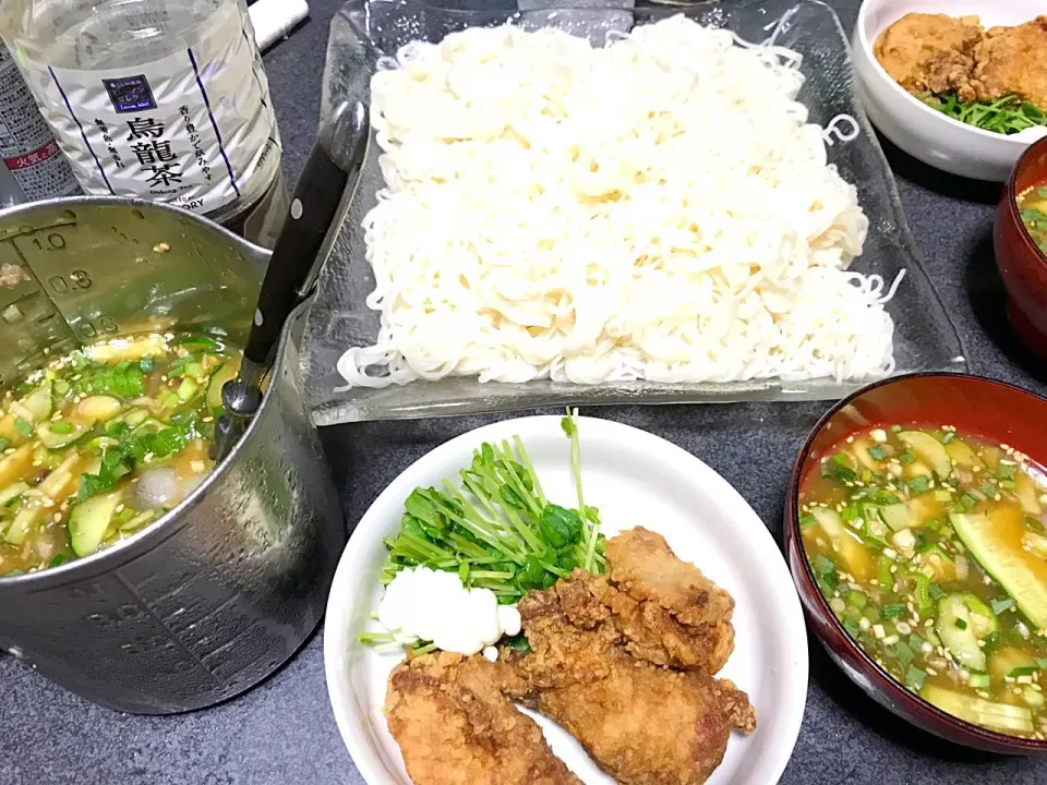 味噌胡麻だれそうめん、唐揚げ、カイワレ|ms903さん