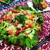 Snapdishの料理写真:#サラダうどん🥗 #いんげんにんじんの肉巻き|ゆうかりさん