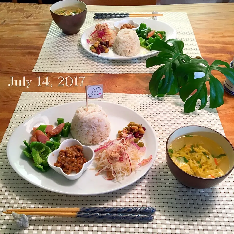 もち麦ごはん&ピーマンマヨ炒めで、朝ごはん2017・7・14|ローゼルさん