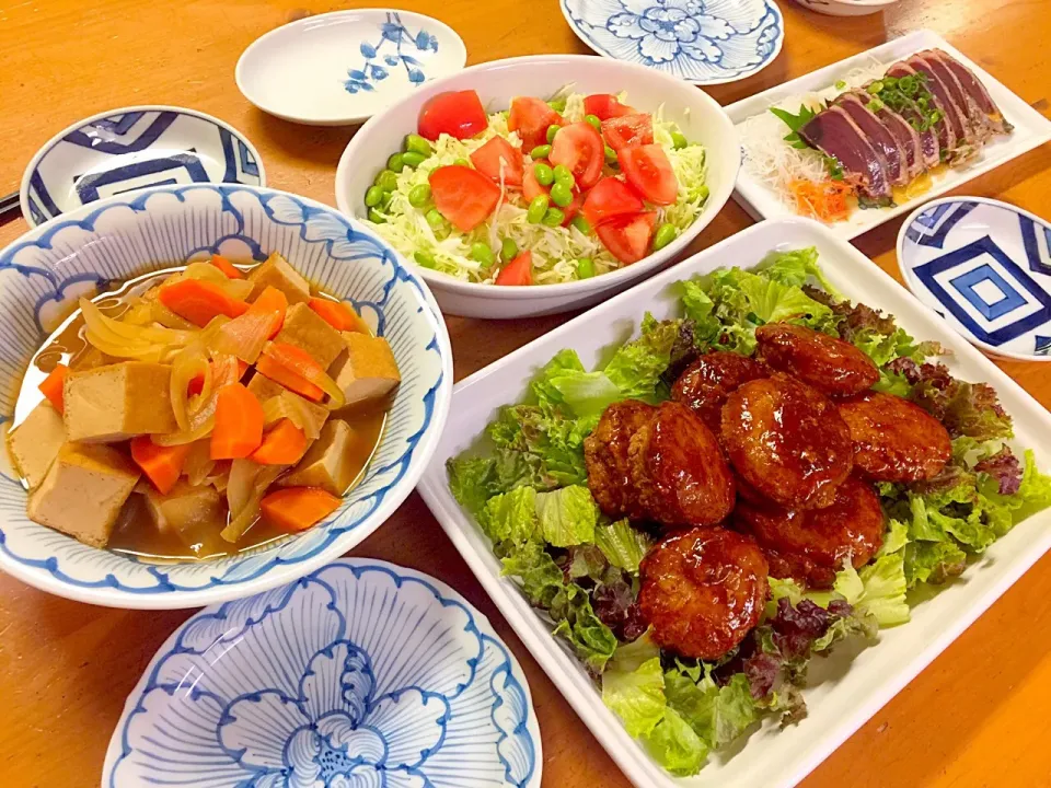 ハンバーグの照り焼き風と鰹のタタキと厚揚げの煮物|ルドルフさん