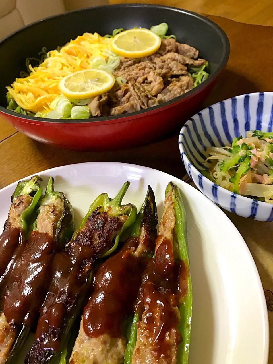 甘唐肉詰め、瓦そば、ゴーヤのサラダ#肉詰め#瓦そば#ゴーヤ|Kumi Satouさん