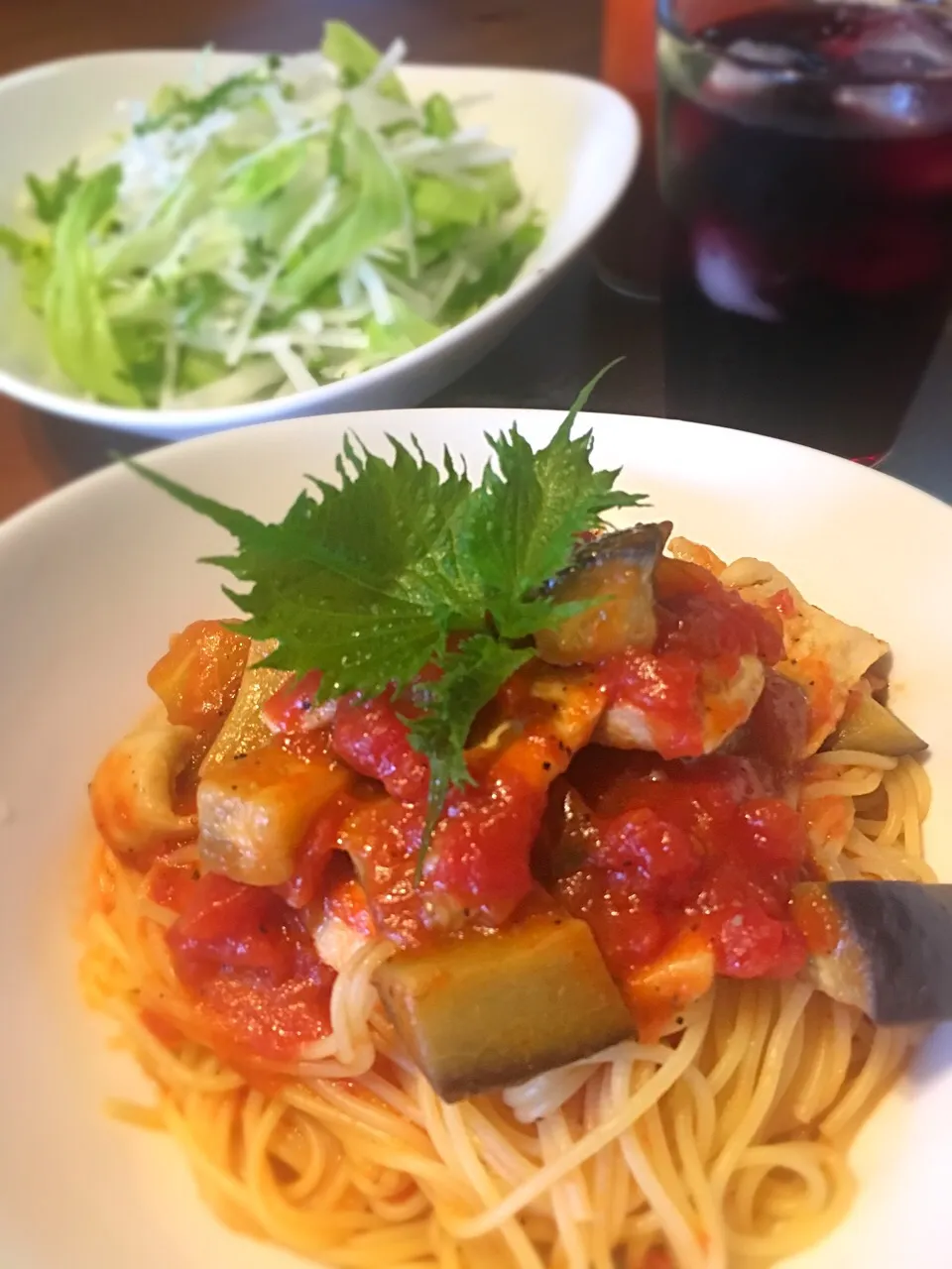 7/16の晩飯 茄子とトマトのパスタ|yoneさん