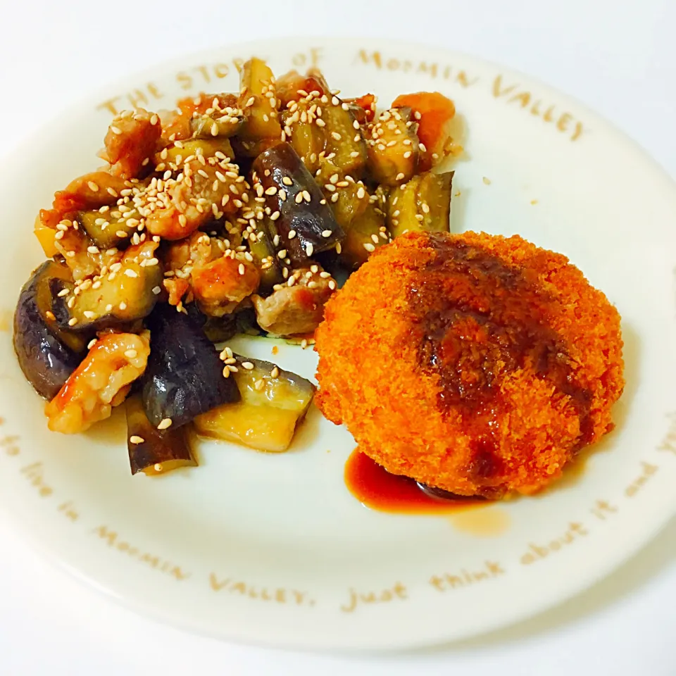 Stir fried eggplant with pork and deep fried pumpkin|Yukiさん