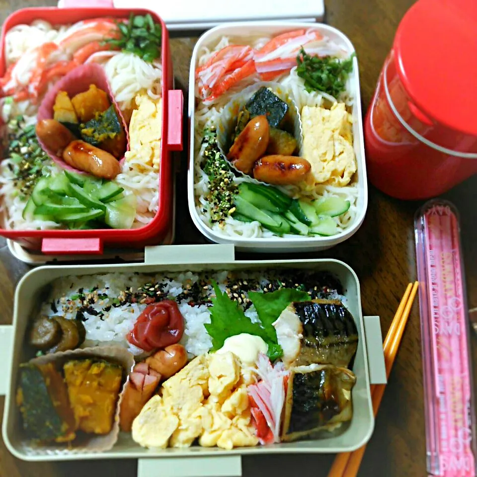 ３人弁当🍱
    旦那塩さば～
娘、私冷や麦～
      レンチン卵焼き失敗😵💧|miimiさん