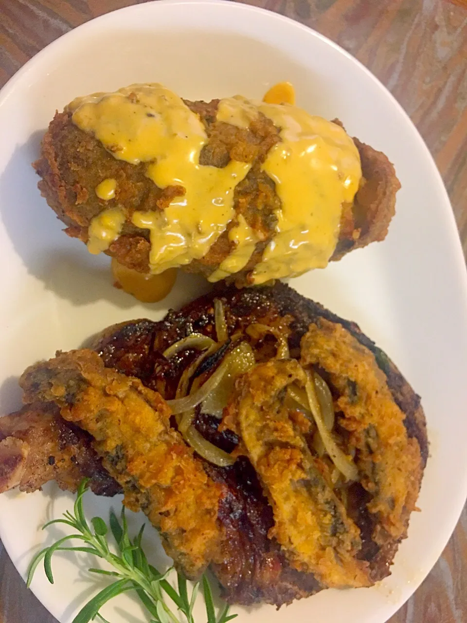 Snapdishの料理写真:Deep fried baked potato and seared rib eye|demonta colemanさん