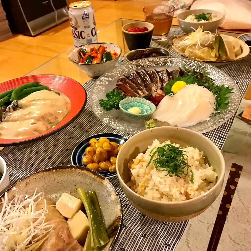 ロールキャベツと生麩の和風煮
茄子の利休煮
刺身（鰹、するめいか）
かぼちゃ甘煮
銀杏の塩煎
オイキムチ
生姜ごはん
さくらんぼ|mapleさん