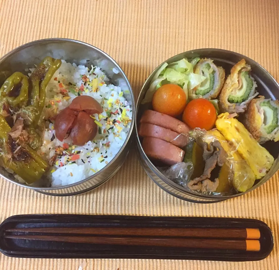 Snapdishの料理写真:今日のお仕事お弁当😋
苦瓜の肉巻きは、息子には不評💦
苦味は結構なもの😅私には美味しいのですが、、😊|RU.Farmさん