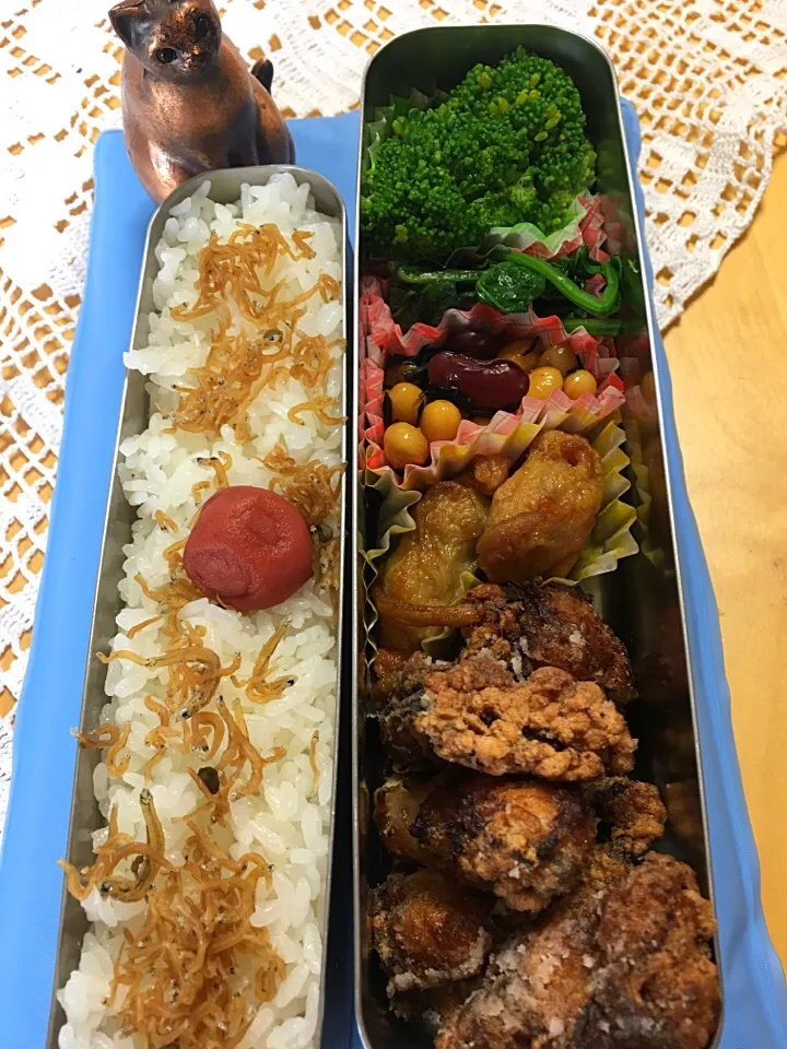 唐揚げ さつま揚げ煮 豆煮物 ほうれん草おひたし ブロッコリー弁当。|Kumiko Kimuraさん