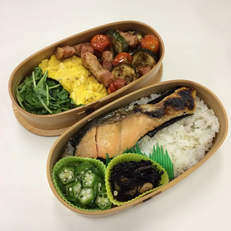 弁当（ズッキーニとベーコントマトソテー、オムレツ、ベビーリーフサラダ、甘塩鮭、五目ひじき、オクラ）|SasaMasa213さん