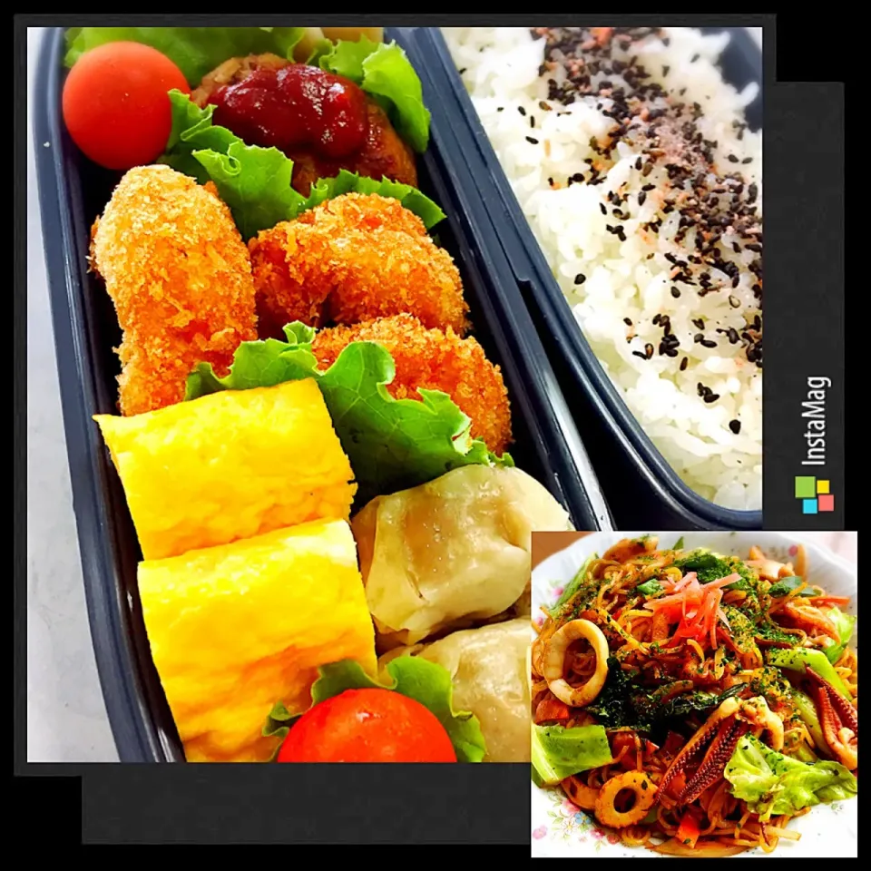 高３男子弁当【終業式】
旦那昼飯(焼きそば)

#海老フライ#ハンバーグ
#焼売#卵焼き|じゅごんさん