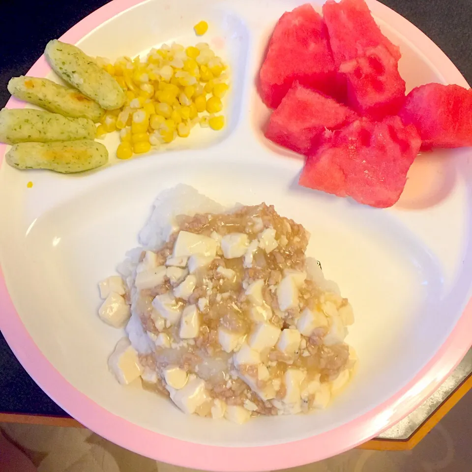 離乳食 夜
・麻婆豆腐丼
・茹でコーン
・青のりポテトのおやき
・スイカ|ぺろたんさん