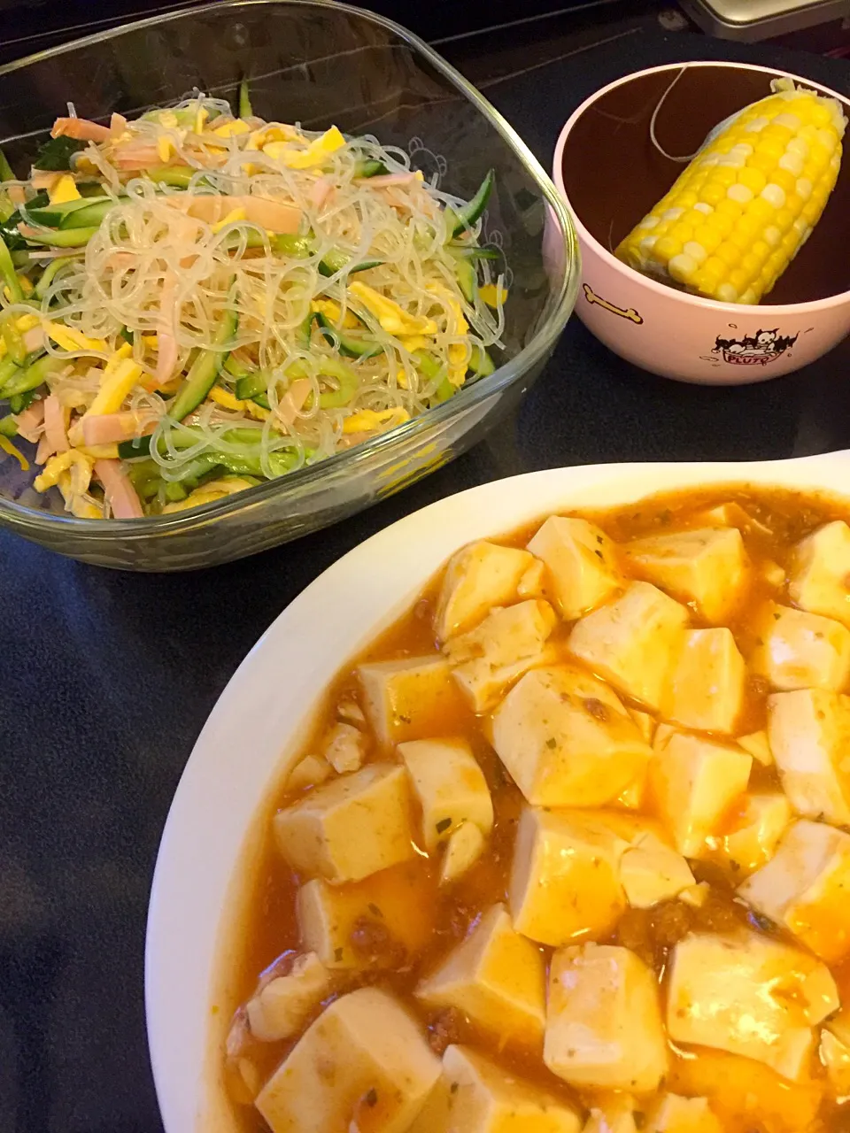 麻婆豆腐 & 中華春雨サラダ & 茹でコーン|ぺろたんさん