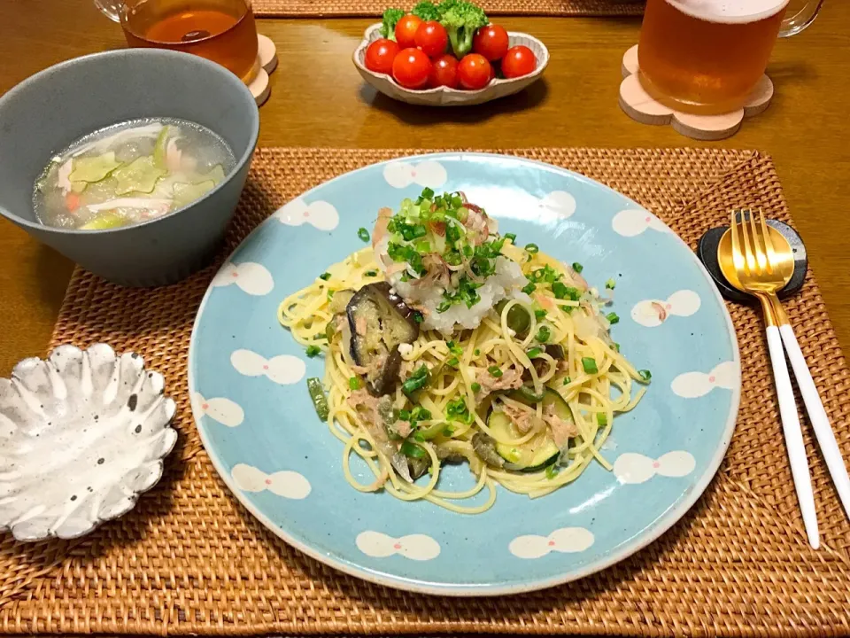 夏野菜たっぷり和風パスタ・冬瓜の中華スープ|uchanさん