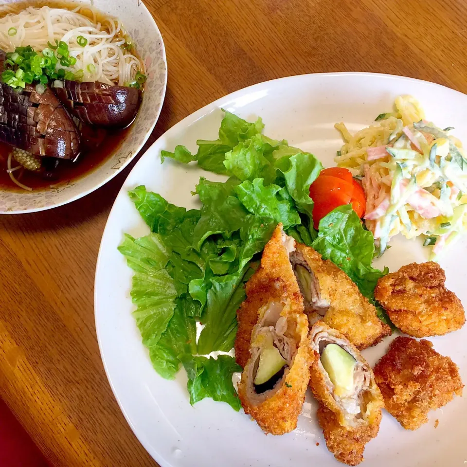 Snapdishの料理写真:#昼ごはん 
豚肉のナス巻きフライ
なすそうめん|もこうさぎさん