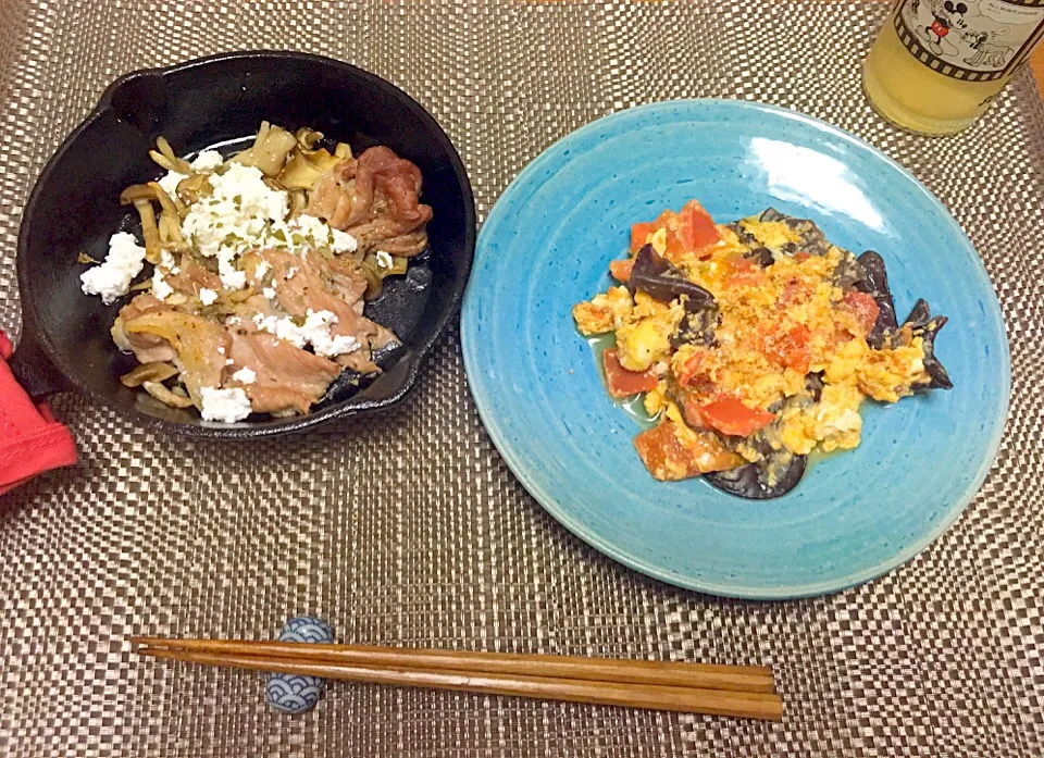 Snapdishの料理写真:#キクラゲとトマトの卵炒め #豚肉とキノコのソテー #カッテージチーズ|hhhさん