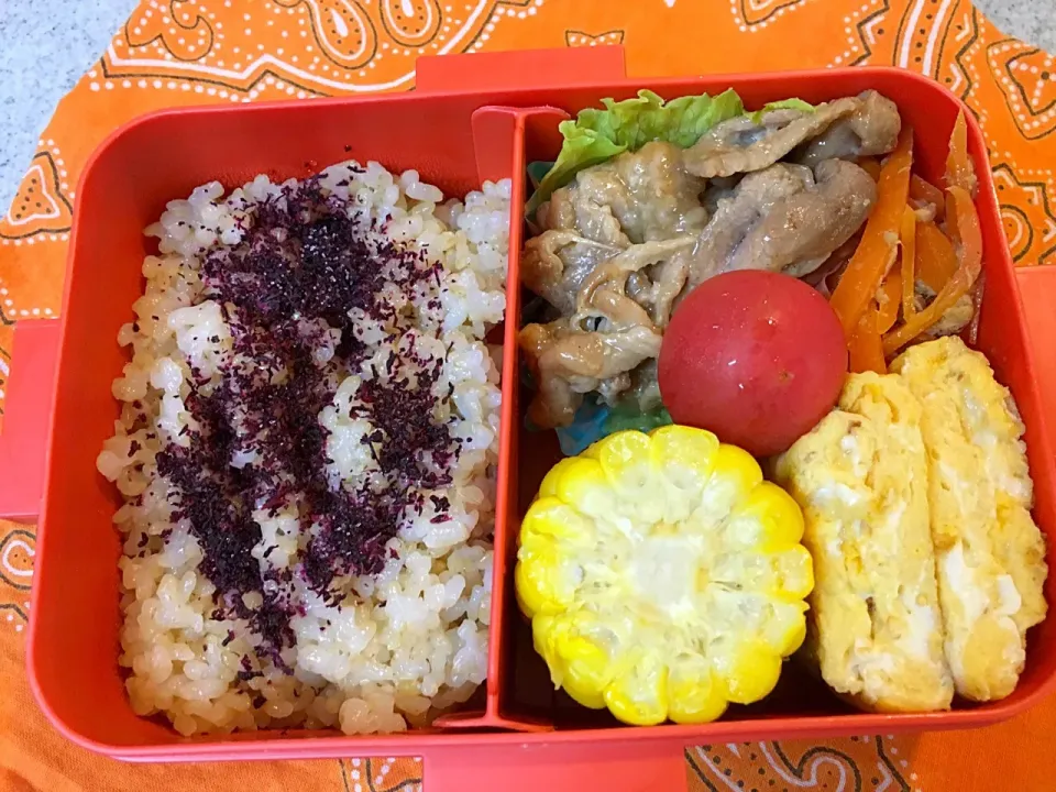 ☆7/21今日のお弁当☆〜豚照り焼き、ゆでとうもろこし、だし巻き卵、人参しりしり、トマト〜来週はお弁当お休みです(^o^)|Satokoさん