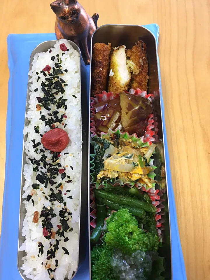 かじきのカレーフライ ほうれん草の卵炒め 茄子の和風マリネ インゲン炒め ブロッコリー弁当。パパのだけ〜|Kumiko Kimuraさん