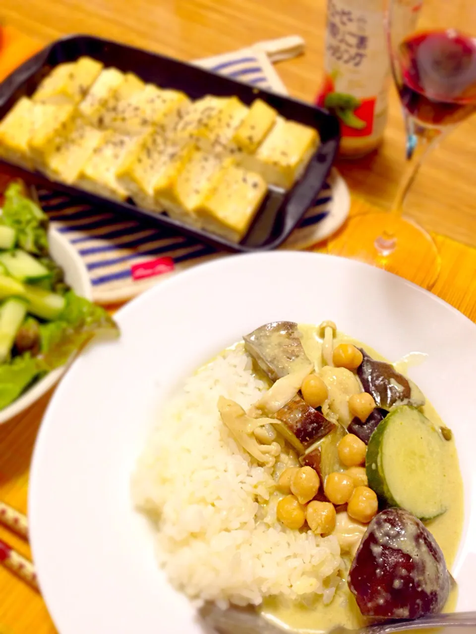 2017/07/20 茄子とひよこ豆のグリーンカレー、豆腐ステーキ|kykyさん