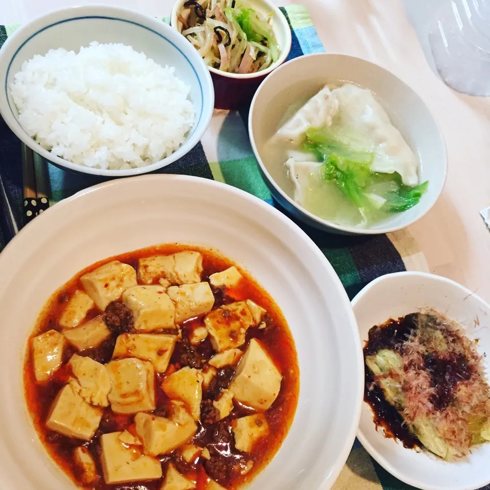 夏の麻婆豆腐定食！ 焼き茄子 もやしの中華サラダ スープ餃子|お山さんさん