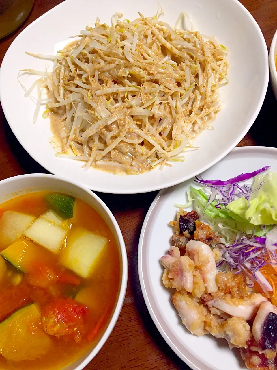 ラタトゥイユ カレー風味   もやしの胡麻和え   蛸🐙の唐揚げ(冷凍)|掛谷節子さん