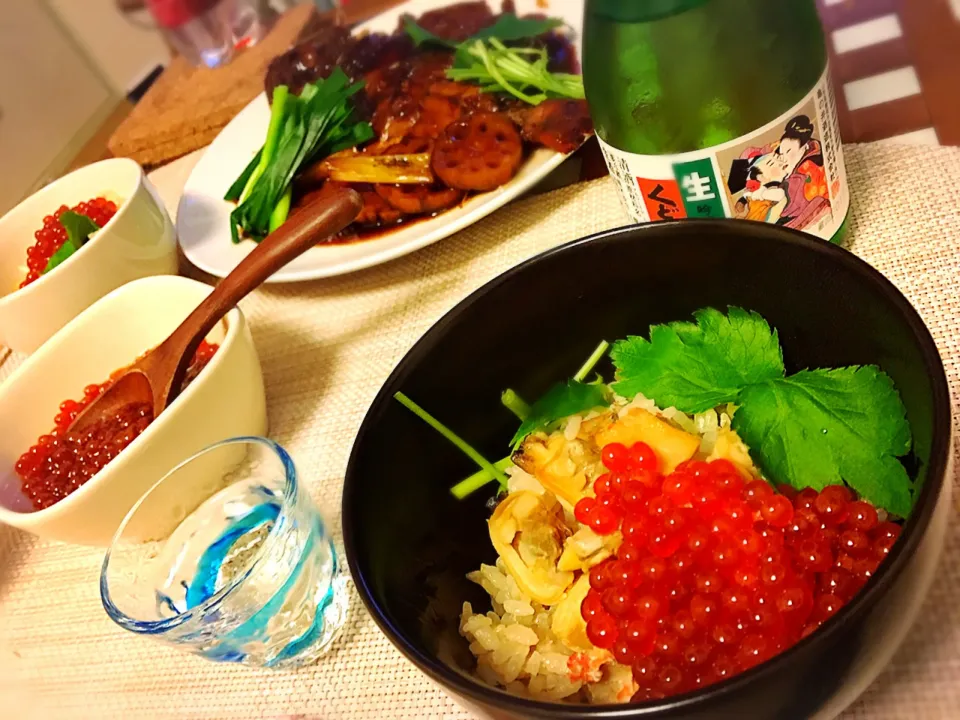 金目鯛とアサリの炊き込みご飯＆自家製いくらの醤油漬け

#炊き込みご飯 #金目鯛 #自家製 #いくらの醤油漬け #くどき上手 #日本酒|たつやん。さん