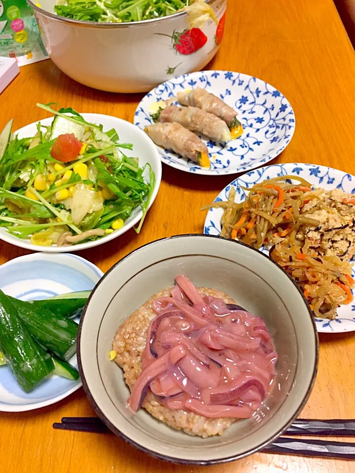 Snapdishの料理写真:#玄米
#塩辛
#きのこサラダ
#きんぴらごぼう
#おから
#切り干し大根
#豚バラ紫蘇チーズ巻き
#自家製きゅうりのわさび漬け|みかんさん