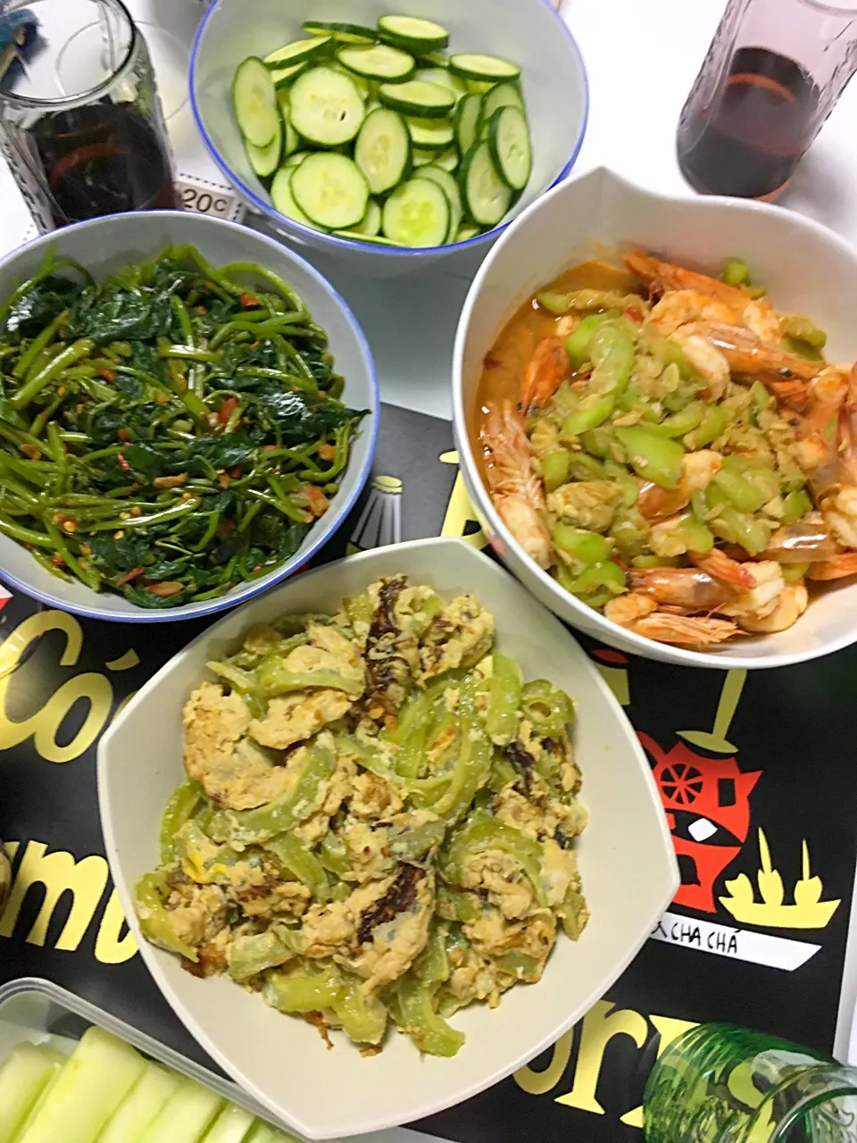 Snapdishの料理写真:Sambal sweet potato leaves, luffa with prawns and goya chanpuru|Ong Sor Fernさん