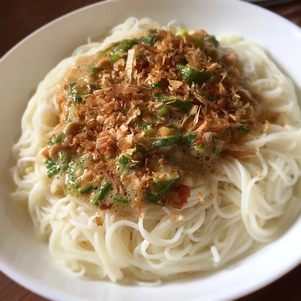 Snapdishの料理写真:ねばねばぶっかけ素麺|まるちゃんさん