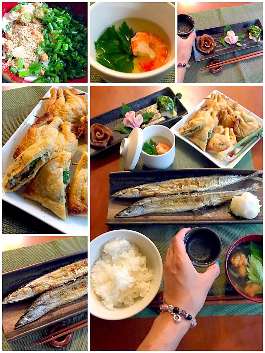 Snapdishの料理写真:Today's Dinner🍴前菜･冷製茶碗蒸し･しらすｵｸﾗ納豆の油揚げ包み･秋刀魚の塩焼き･白飯･大和芋･めかぶ納豆･加賀揚げと三つ葉,若布のお吸い物|🌈Ami🍻さん