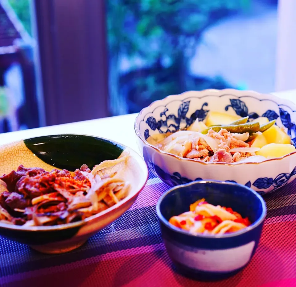 肉じゃがと牛肉のしぐれ煮とかんぴょうのピリ辛和え😊|ユキ❄︎ミライさん